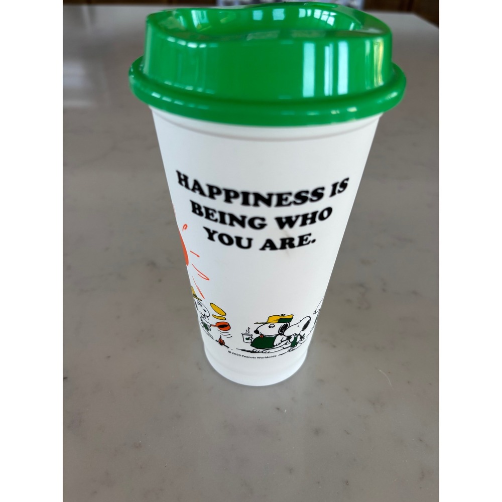 Starbucks Peanuts Snoopy Reusable Hot Cup Tumbler Green Lid Happiness 16oz